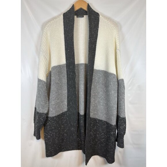 Eddie Bauer Gray Black Ivory Open Front Long Line Cardigan Sweater Size Large - Picture 1 of 5